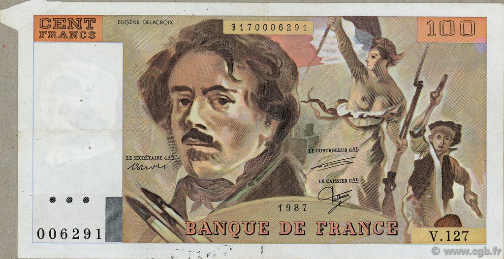 100 Francs DELACROIX modifié Fauté FRANCIA  1987 F.69.11 MBC+