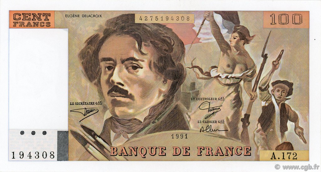 100 Francs DELACROIX imprimé en continu FRANCIA  1991 F.69bis.03a4 q.FDC