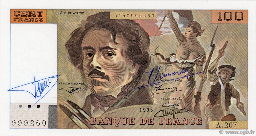 100 Francs DELACROIX imprimé en continu FRANCE  1993 F.69bis.05 AU