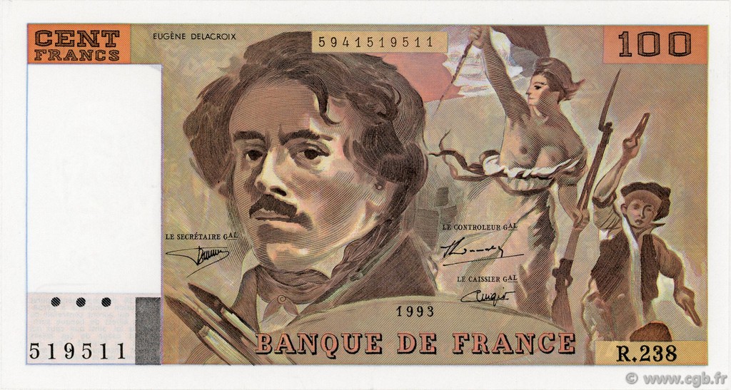 100 Francs DELACROIX imprimé en continu FRANKREICH  1993 F.69bis.08 ST