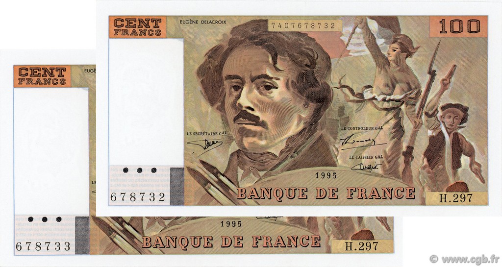 100 Francs DELACROIX 442-1 & 442-2 FRANCE  1995 F.69ter.02c AU