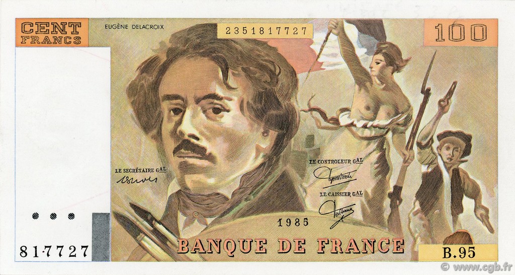100 Francs DELACROIX  UNIFACE FRANCE  1985 F.69U.09 XF