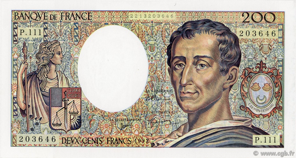 200 Francs MONTESQUIEU FRANCE  1992 F.70.12a UNC