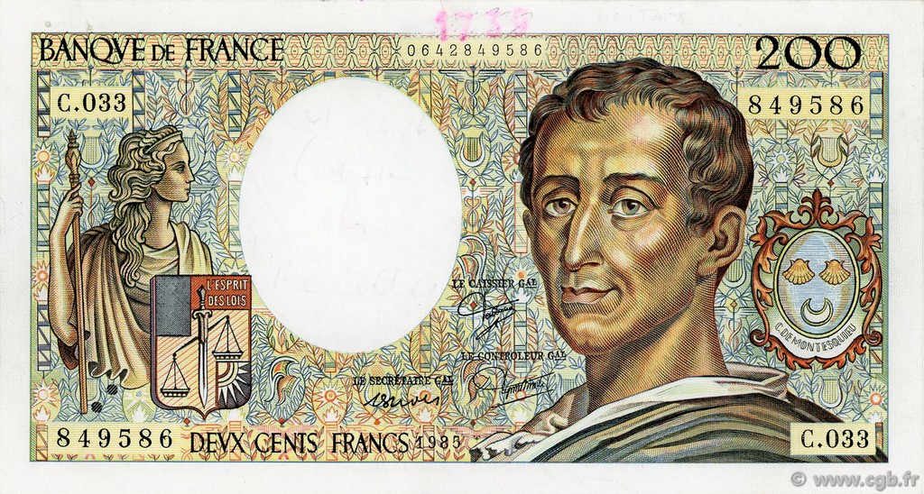 200 Francs MONTESQUIEU UNIFACE FRANCE  1986 F.70U.05 XF