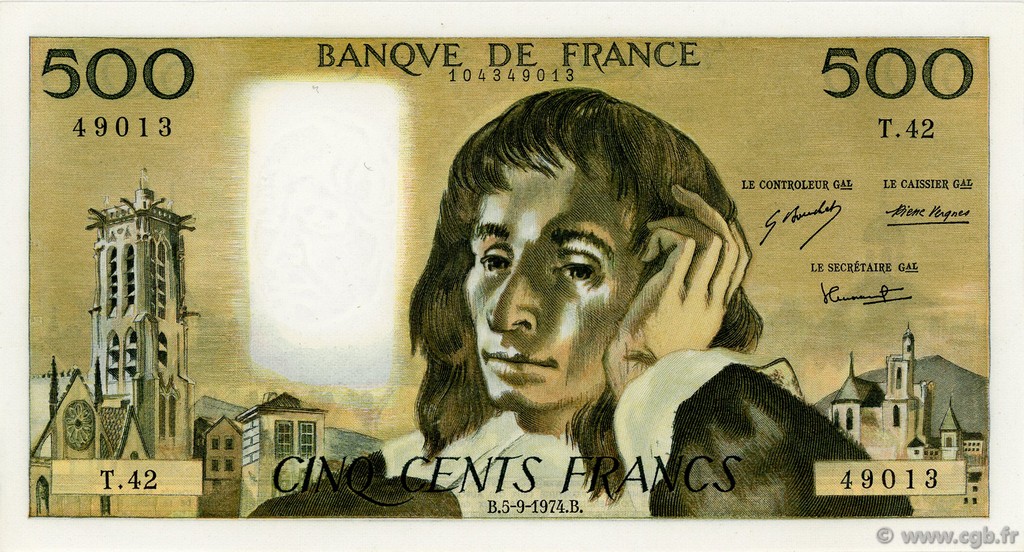 500 Francs PASCAL FRANKREICH  1974 F.71.11 fST