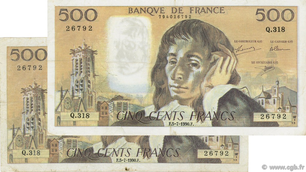 500 Francs PASCAL FRANKREICH  1990 F.71.44 S
