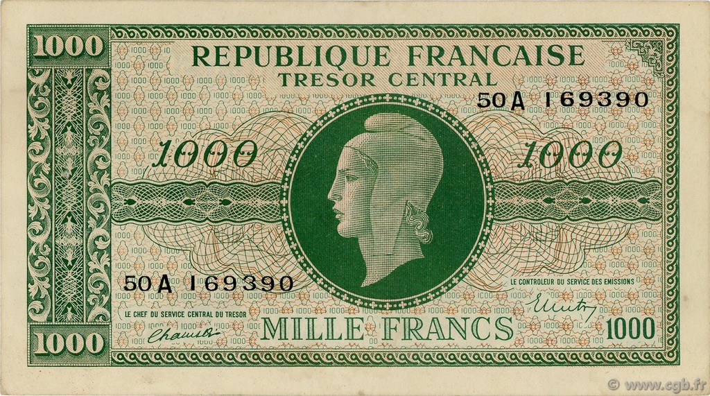1000 Francs MARIANNE chiffres gras FRANKREICH  1945 VF.12.01 VZ