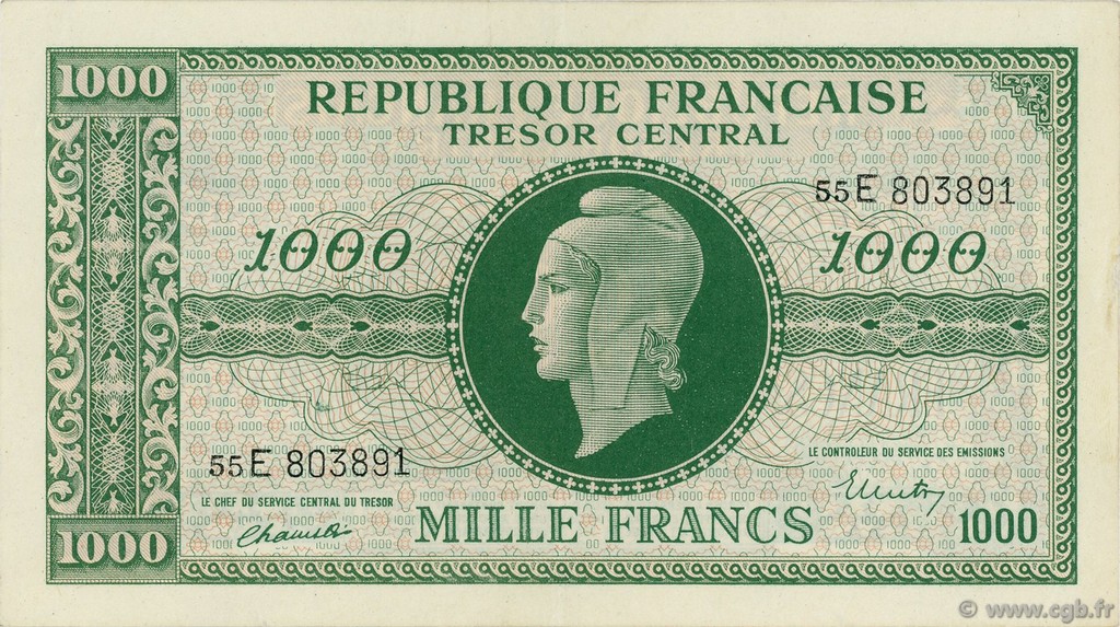1000 Francs MARIANNE chiffres maigres FRANCIA  1945 VF.13.02 EBC