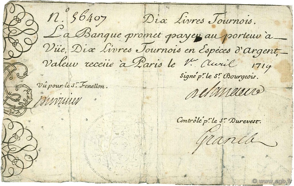 10 Livres Tournois gravé FRANKREICH  1719 Dor.01 fSS