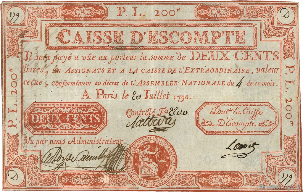 200 Livres FRANCE  1790 Laf.116 VF-