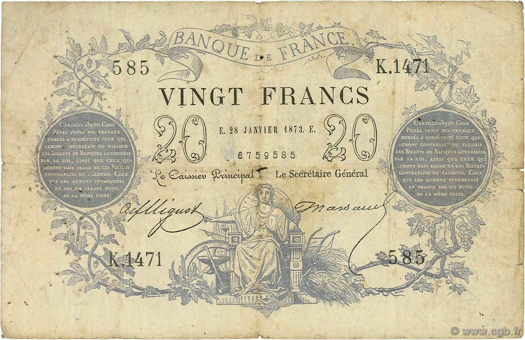20 Francs type 1871 FRANCE  1873 F.A46.04 B+
