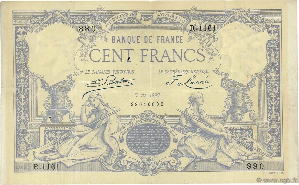100 Francs type 1882 FRANKREICH  1887 F.A48.07 S to SS