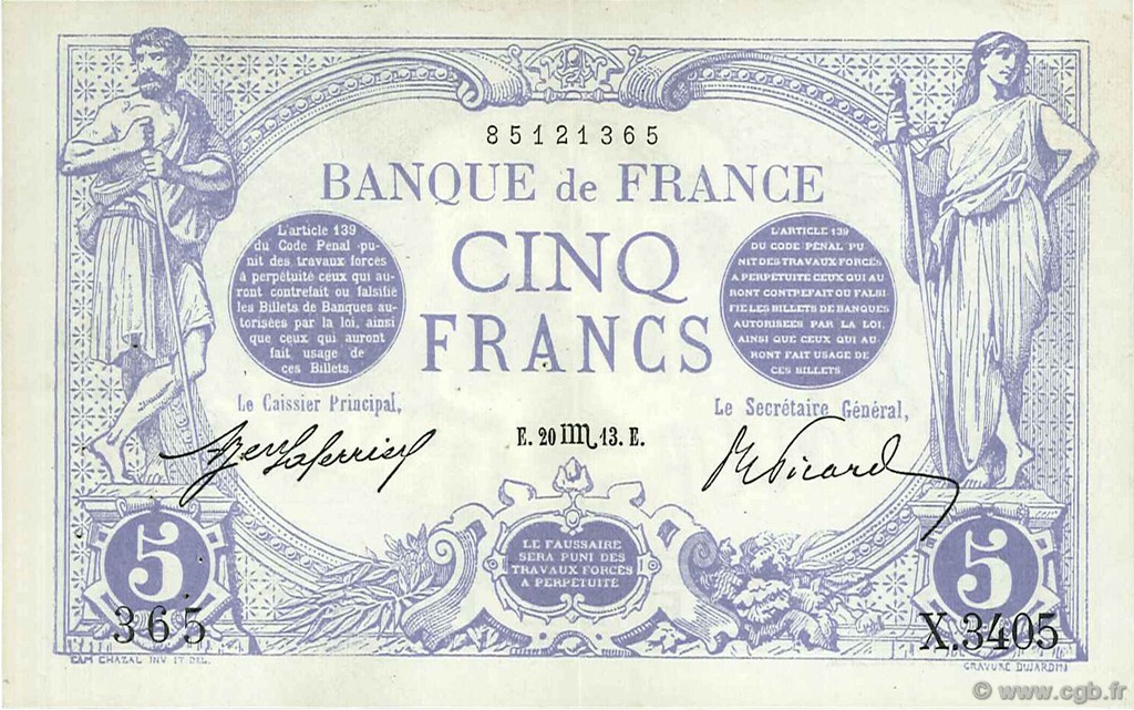 5 Francs BLEU FRANCIA  1913 F.02.21 MBC+