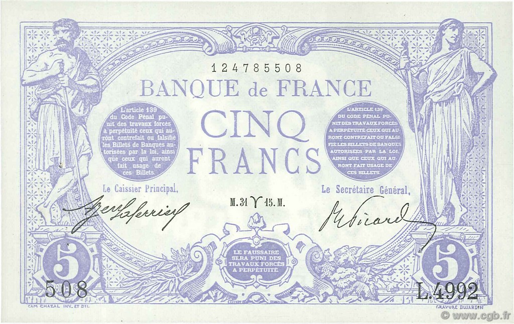 5 Francs BLEU FRANKREICH  1915 F.02.25 VZ+