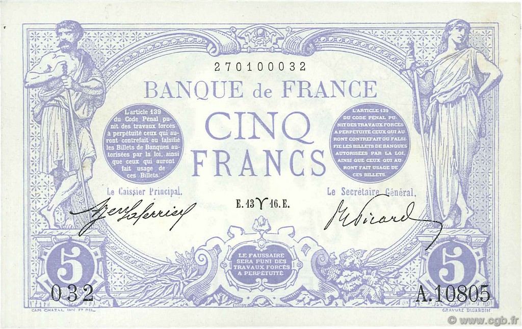 5 Francs BLEU FRANCE  1916 F.02.37 UNC-