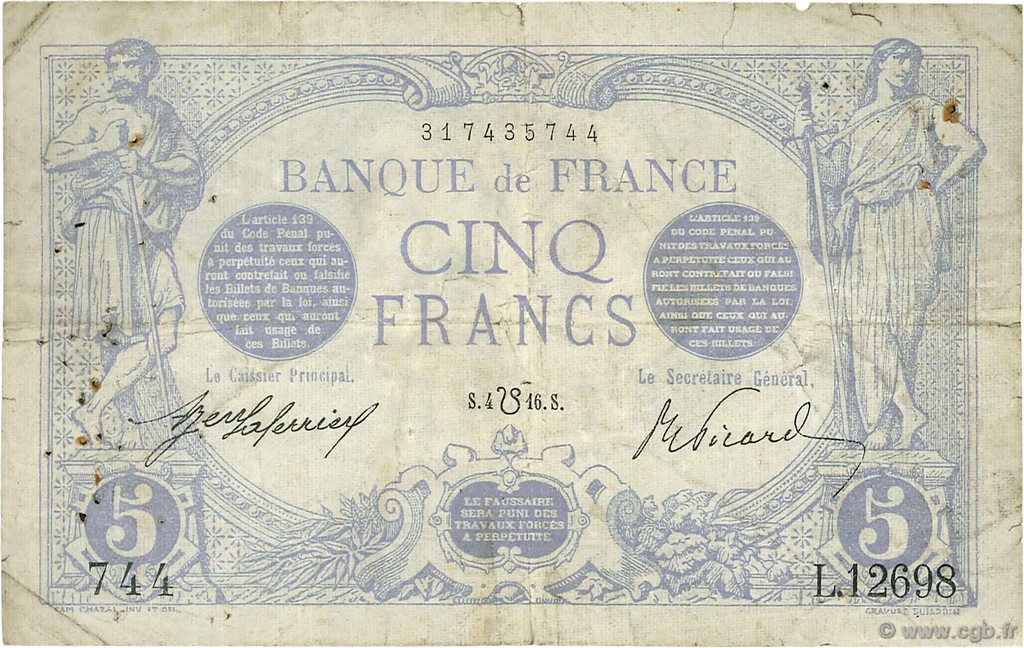 5 Francs BLEU lion inversé FRANCIA  1916 F.02bis.04 RC+
