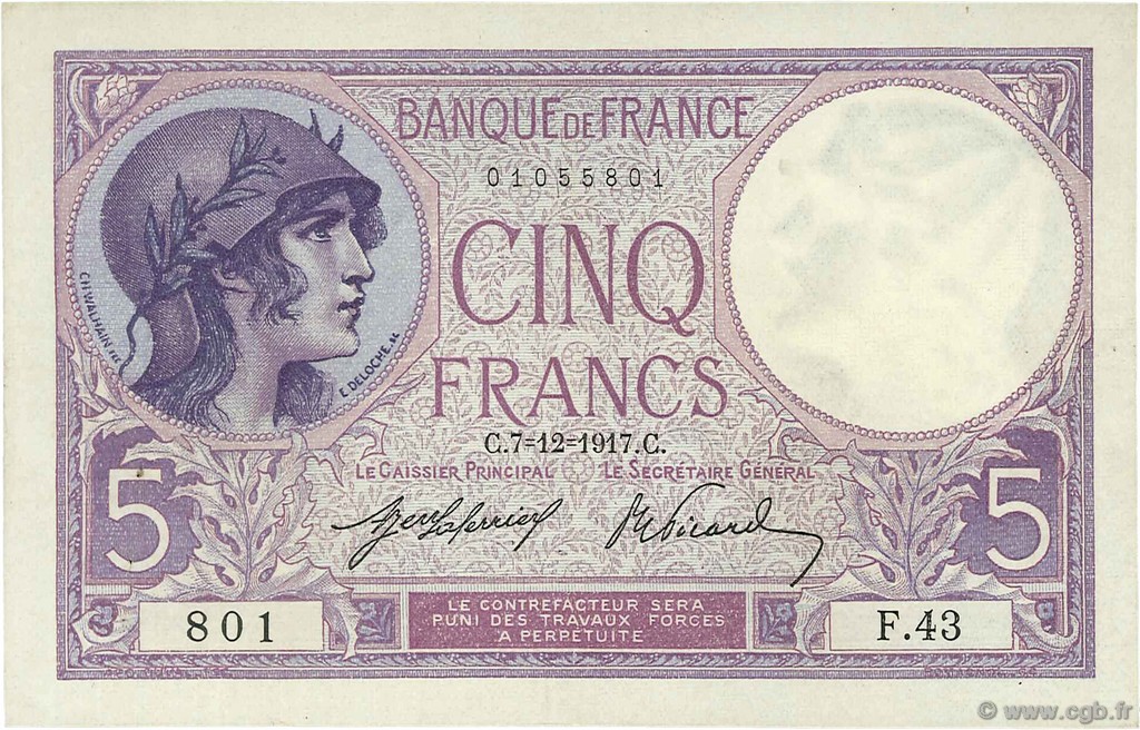 5 Francs FEMME CASQUÉE FRANCE  1917 F.03.01 pr.SUP