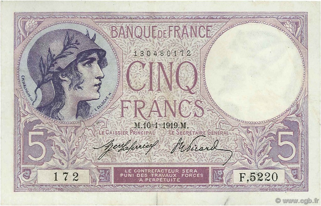 5 Francs FEMME CASQUÉE FRANCE  1919 F.03.03 VF+