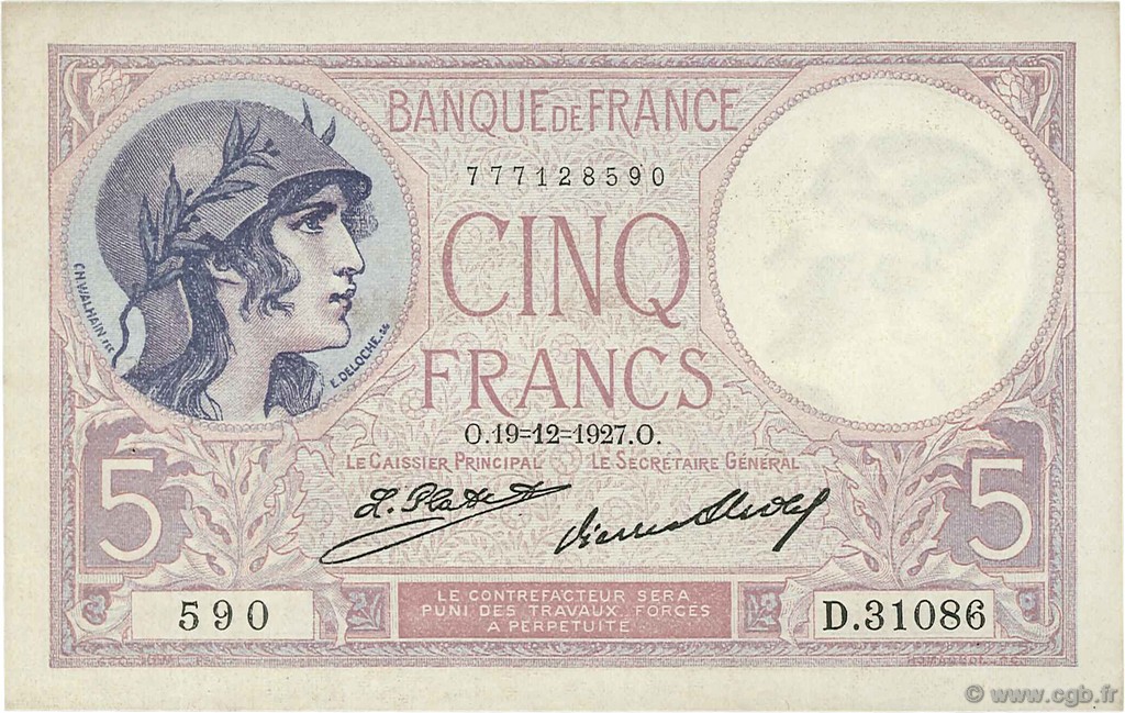 5 Francs FEMME CASQUÉE FRANCIA  1927 F.03.11 SC