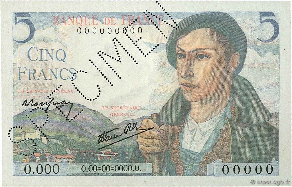 5 Francs BERGER FRANCIA  1943 F.05.01Sp q.FDC