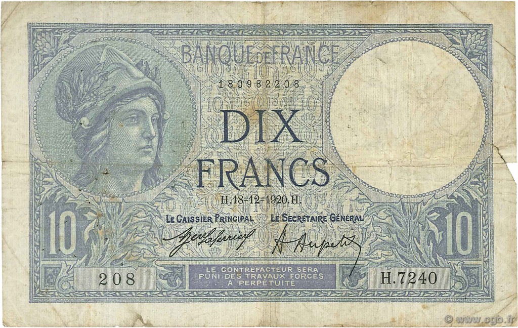 10 Francs MINERVE FRANCIA  1920 F.06.04 q.MB