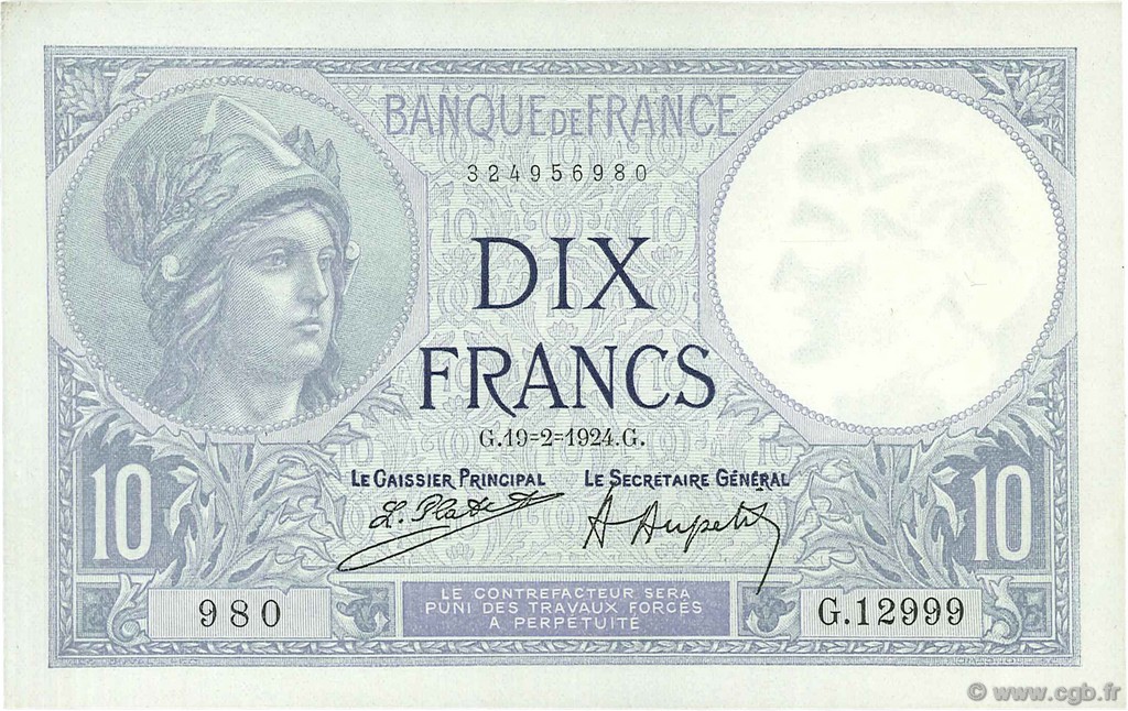 10 Francs MINERVE FRANCE  1924 F.06.08 pr.SPL