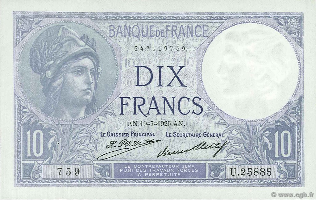 10 Francs MINERVE FRANCE  1926 F.06.11 AU-