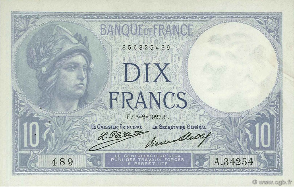10 Francs MINERVE FRANCE  1927 F.06.12 XF+