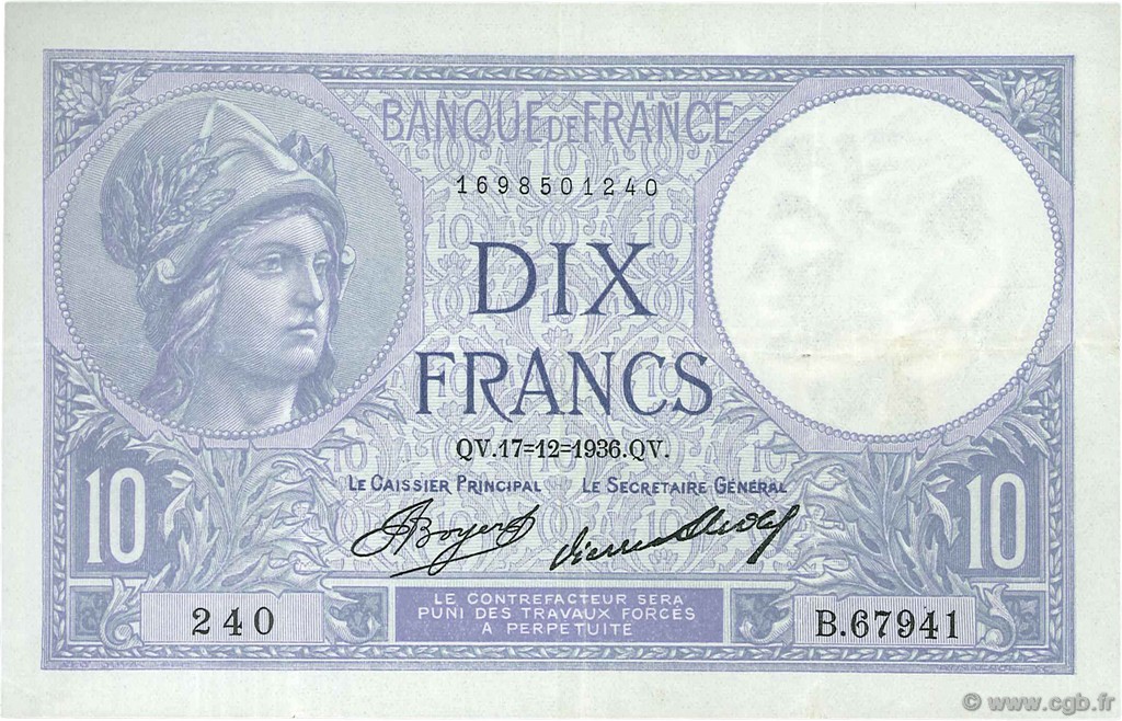 10 Francs MINERVE FRANCIA  1936 F.06.17 q.SPL