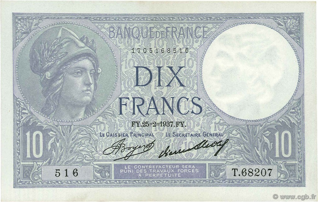 10 Francs MINERVE FRANCE  1937 F.06.18 XF - AU