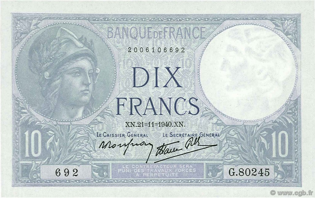 10 Francs MINERVE modifié FRANCIA  1940 F.07.21 SC+