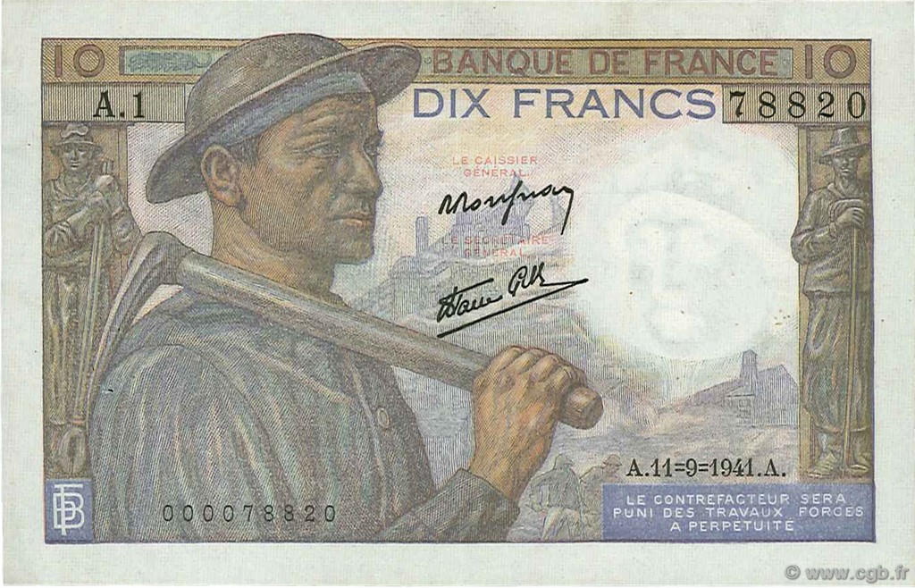 10 Francs MINEUR FRANCE  1941 F.08.01 VF - XF