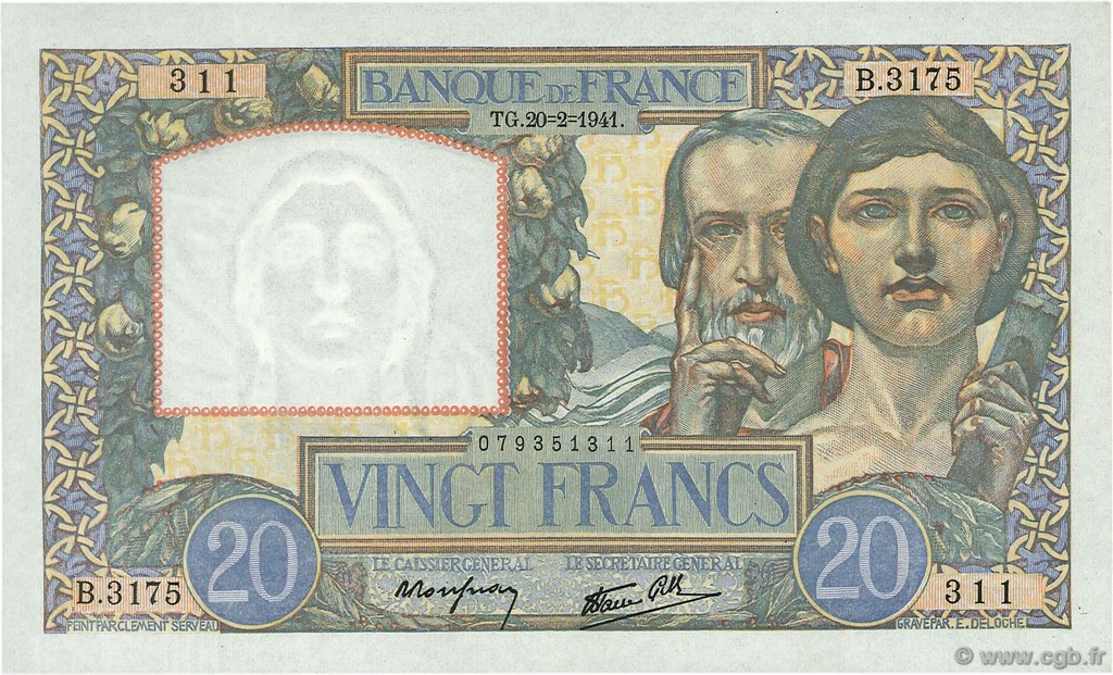 20 Francs TRAVAIL ET SCIENCE FRANKREICH  1941 F.12.12 fST+