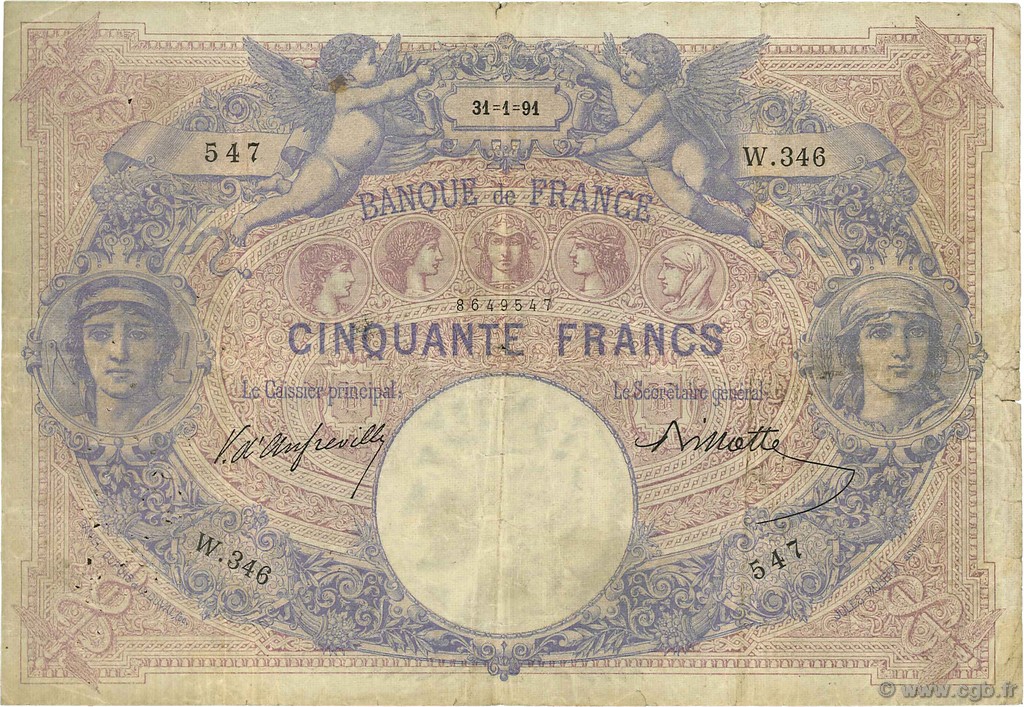 50 Francs BLEU ET ROSE FRANCIA  1891 F.14.03 q.MB
