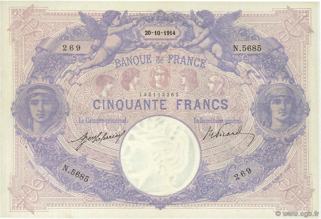 50 Francs BLEU ET ROSE FRANKREICH  1914 F.14.27 VZ+