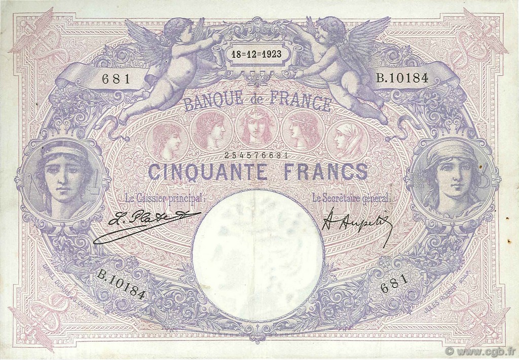 50 Francs BLEU ET ROSE FRANCE  1923 F.14.36 VF