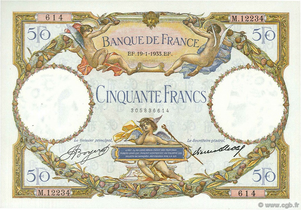 50 Francs LUC OLIVIER MERSON type modifié FRANCIA  1933 F.16.04 EBC a SC