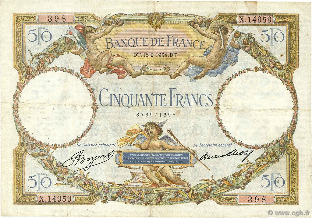 50 Francs LUC OLIVIER MERSON type modifié FRANCIA  1934 F.16.05 MB a BB