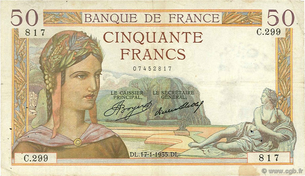 50 Francs CÉRÈS FRANCE  1935 F.17.03 VF-