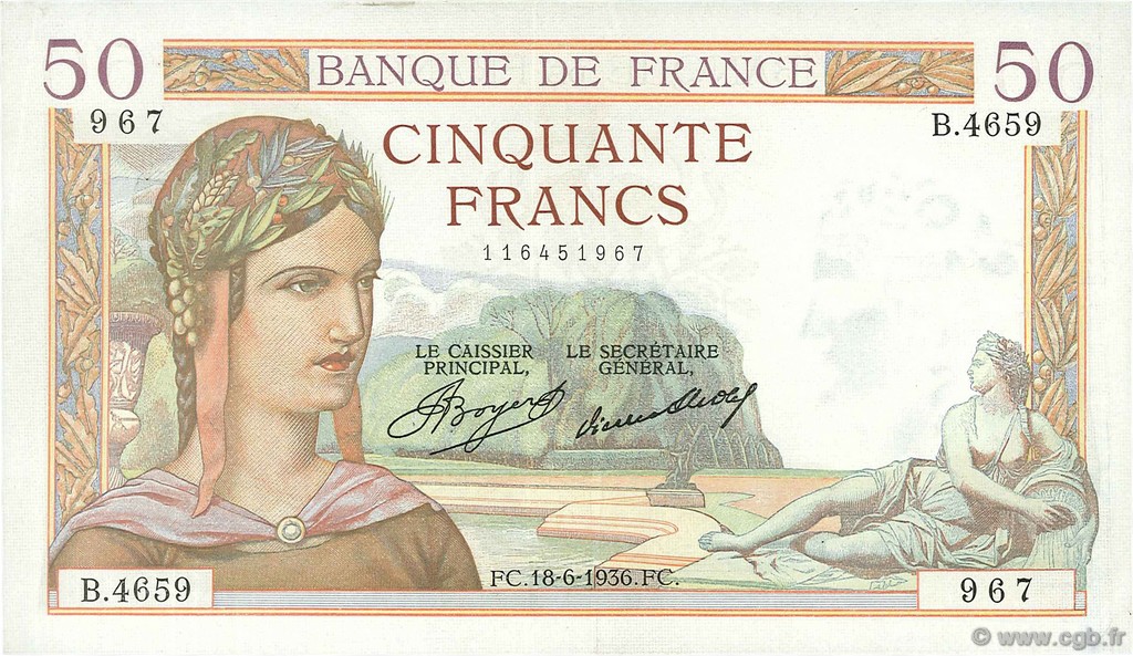 50 Francs CÉRÈS FRANKREICH  1936 F.17.27 VZ