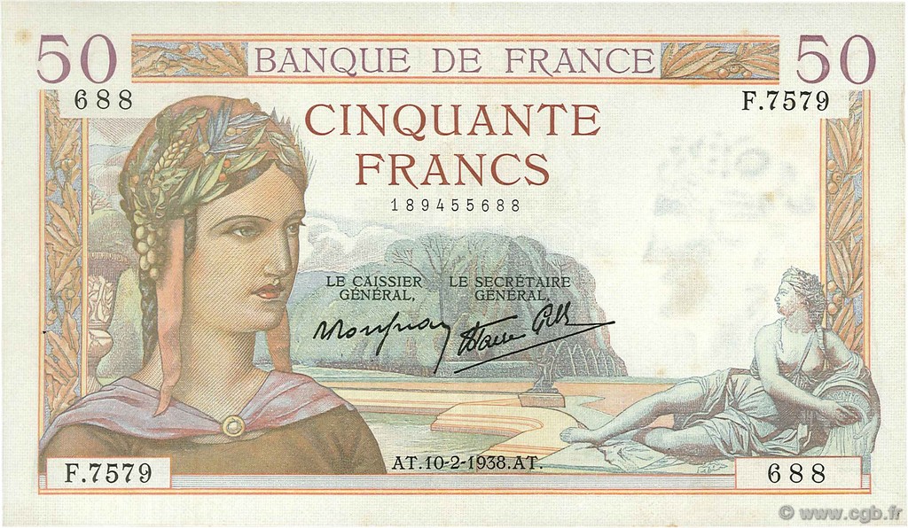 50 Francs CÉRÈS modifié FRANKREICH  1938 F.18.08 fVZ