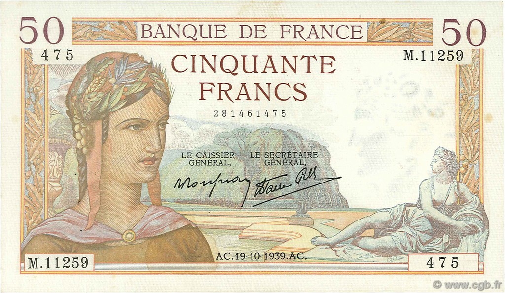 50 Francs CÉRÈS modifié FRANCIA  1939 F.18.33 MBC+
