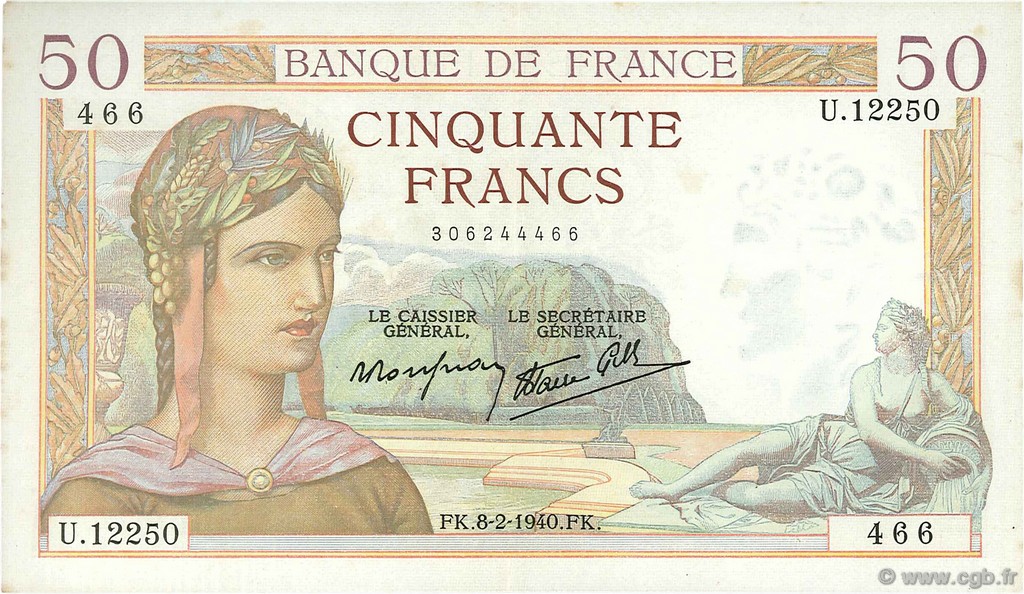 50 Francs CÉRÈS modifié FRANKREICH  1940 F.18.38 VZ