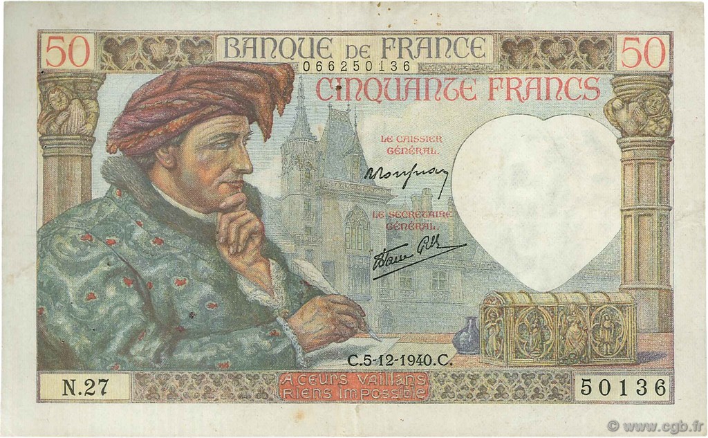 50 Francs JACQUES CŒUR FRANCE  1940 F.19.04 VF+