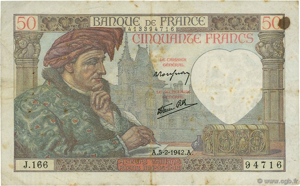 50 Francs JACQUES CŒUR FRANCE  1942 F.19.19 F+