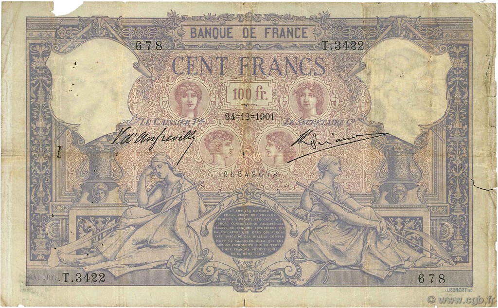 100 Francs BLEU ET ROSE FRANKREICH  1901 F.21.15 fS