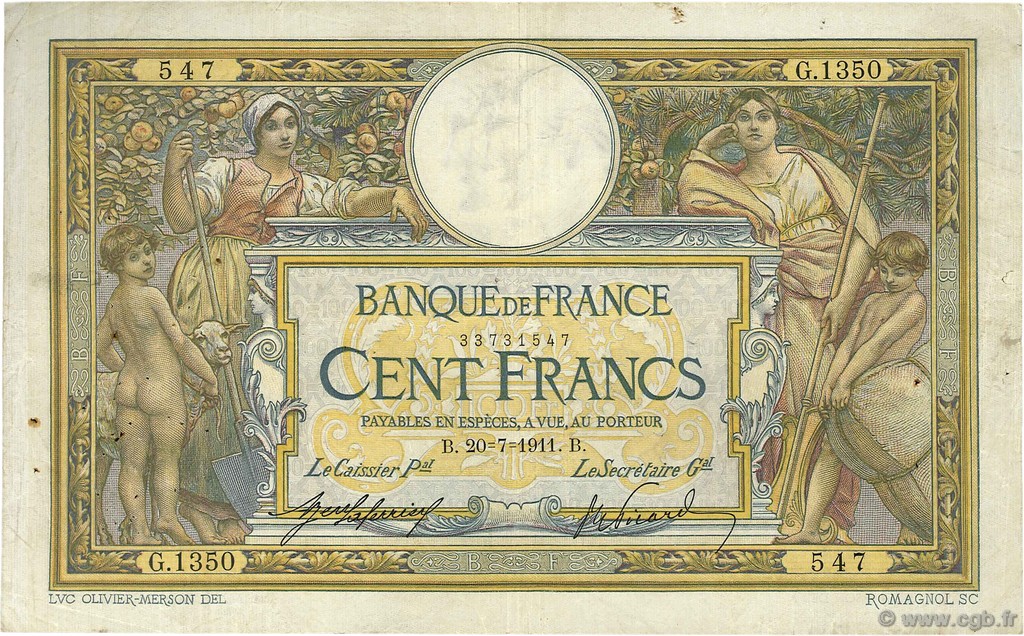 100 Francs LUC OLIVIER MERSON sans LOM FRANCIA  1911 F.23.03 q.BB