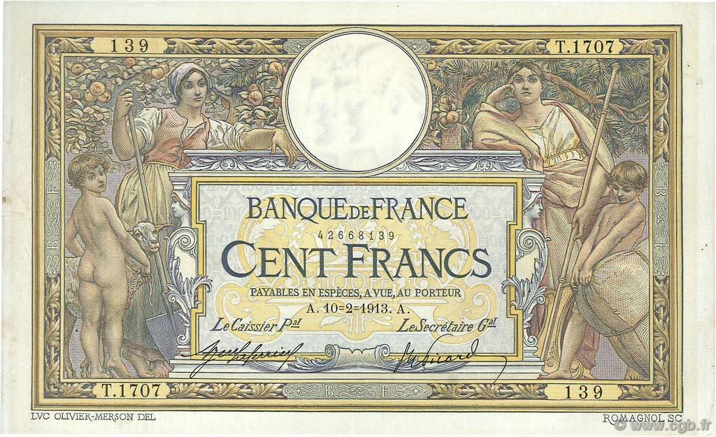 100 Francs LUC OLIVIER MERSON sans LOM FRANCIA  1913 F.23.05 q.SPL