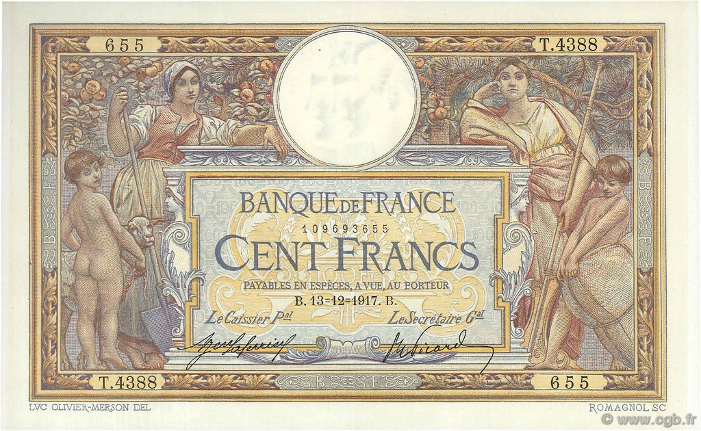100 Francs LUC OLIVIER MERSON sans LOM FRANKREICH  1917 F.23.09 VZ