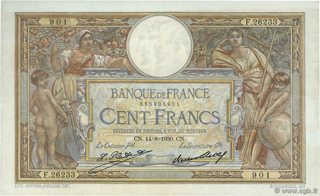 100 Francs LUC OLIVIER MERSON grands cartouches FRANCIA  1930 F.24.09 EBC